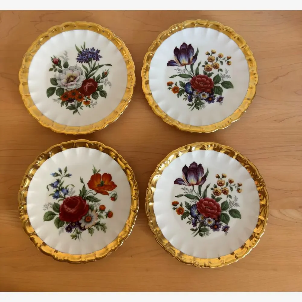 Vintage Golden Crown E&R Western Germany Floral Plates Dishes Set of 4